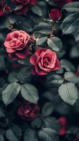 Crimson Garden Roses with Deep Foliage and Selective Focus.