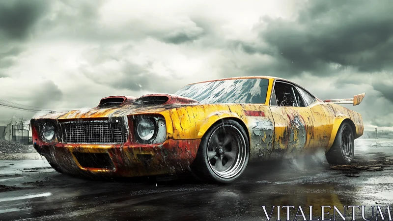 Weathered muscle car roars across stormy industrial streets