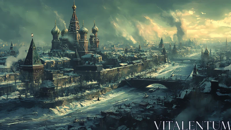 Post-apocalyptic winter cityscape with domed skyline.