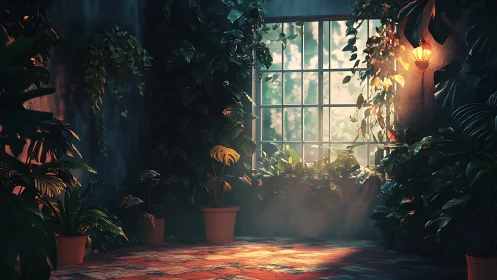 Lush indoor conservatory with window light shafts and foliage