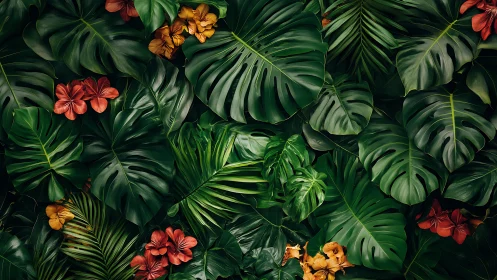 Lush tropical leaves cradle bright hibiscus blooms in harmony