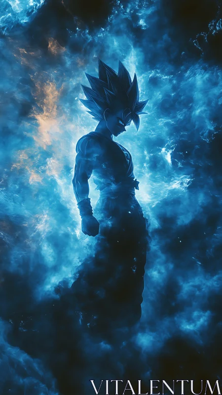 Blue energy silhouette of spiky haired anime fighter figure.