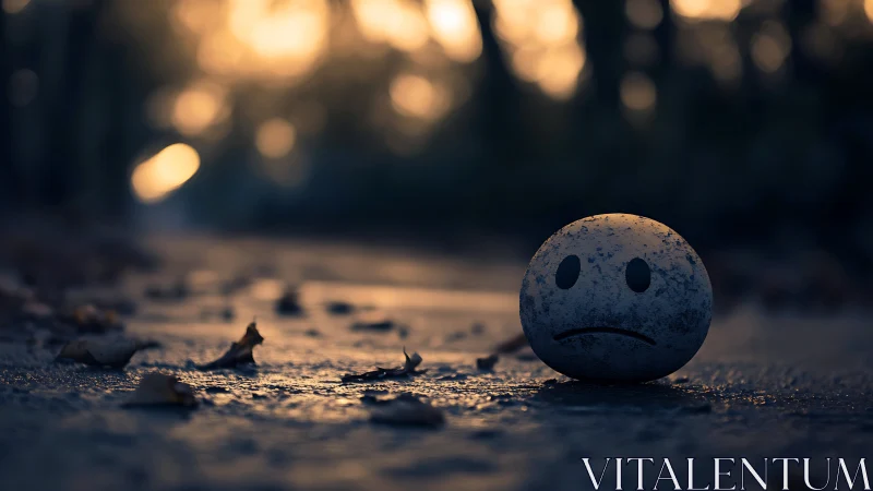 Sad face ball rests on wet street under moody sunset glow.