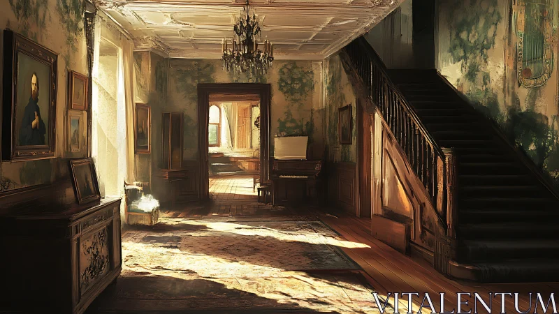 Sunlit abandoned manor hall showing decayed plaster and worn wood