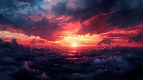 Sun descends over dense cloud layer with contrasted color bands