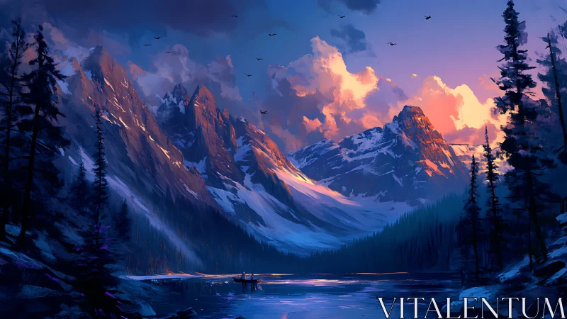 Alpine glacial lake at sunset beneath snowcapped granite peaks