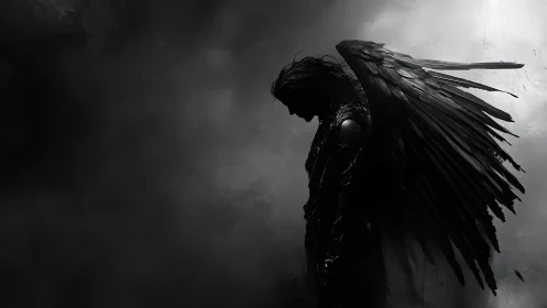 Dark winged angel silhouette in stormy monochrome sky.