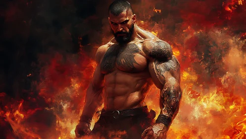 Hyper-real muscular warrior emerging from dynamic inferno field