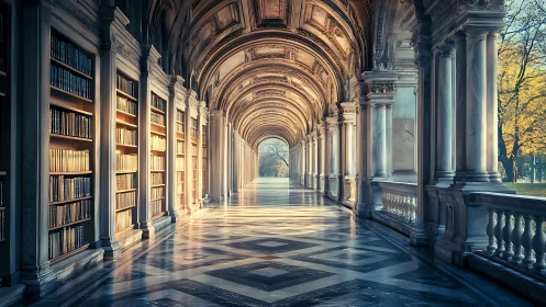 Sunlit palace library arcade inviting quiet wanderings.