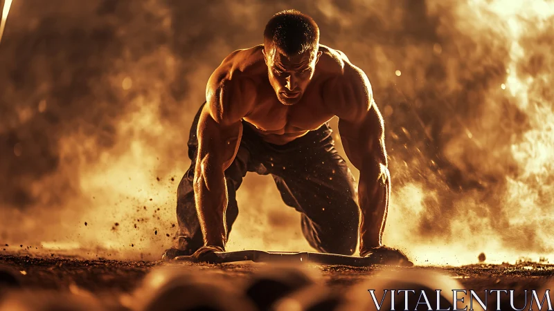 Muscular athlete kneels in fiery dust cloud at sunset.