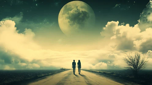 Luminous moonlit road with two silhouettes in dreamscape.
