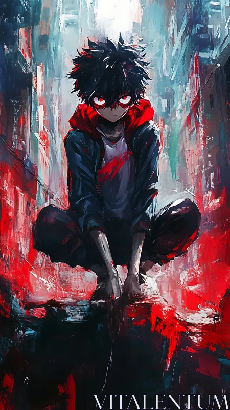 Dark haired youth in red hoodie within abstract cityscape.