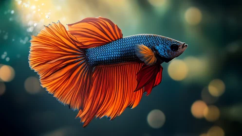 Betta fish glows underwater with vivid orange fins.