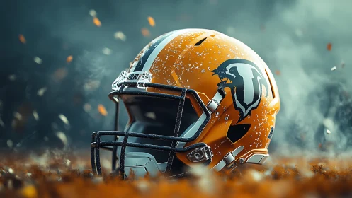 Battle-worn football helmet rests amid swirling autumn grit