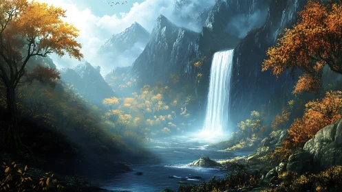 Enchanted mountain waterfall cascades through autumn valley.