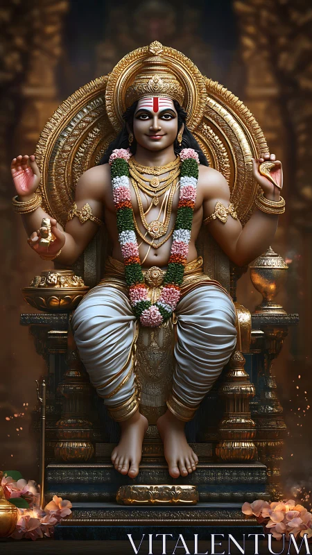 Digital rendering shows ornate seated deity in golden shrine