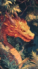 Golden forest dragon coils quietly through lush foliage.