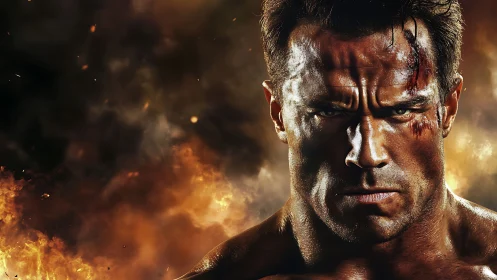 Battle-scarred warrior portrait in explosive thermal atmosphere.