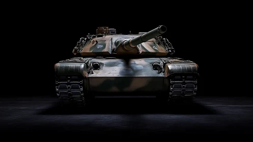 Armored battle tank front view in dramatic studio light.