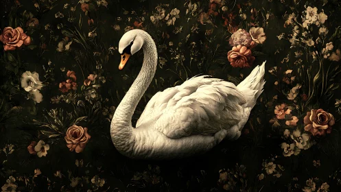 White swan is rendered against dense floral background