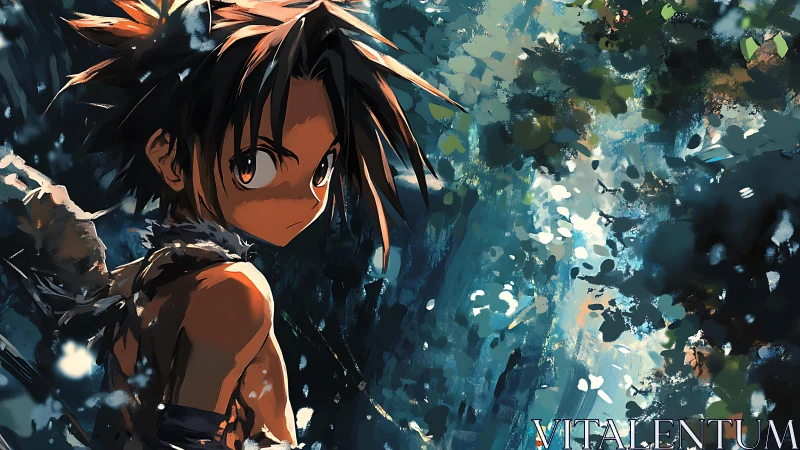 Wild-eyed forest boy framed by fractured jungle light.