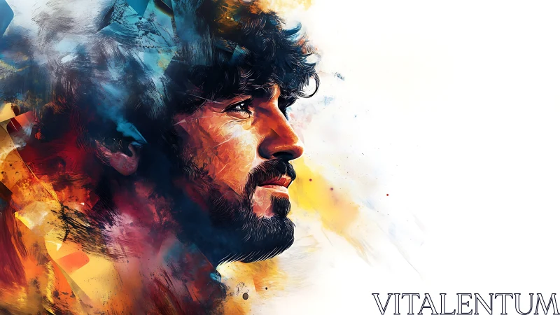 Colorful digital portrait of man in vivid abstract profile.