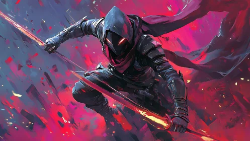 Hooded cyber-assassin lunging with dual plasma blades.