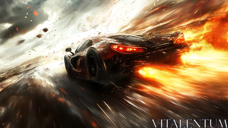 Fire‑tailed hypercar storms a rain‑slick apocalypse highway.