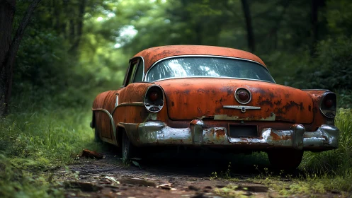 Rusty vintage car abandoned on overgrown forest path.