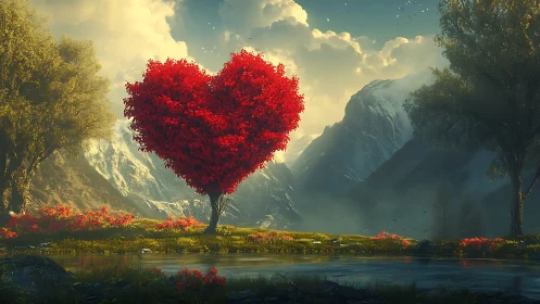 Heart-Shaped Tree in Misty Mountain Valley.