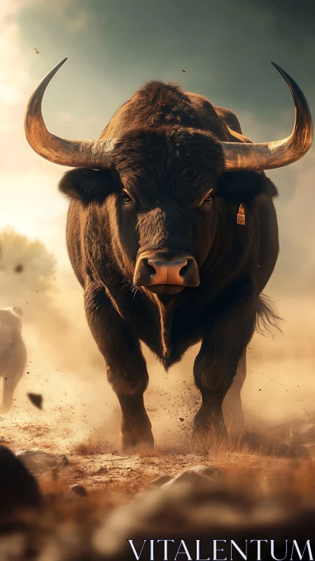 Massive horned bull charges forward through dusty sunlight