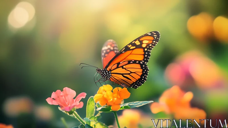 Monarch butterfly rests on orange flower in shallow focus field