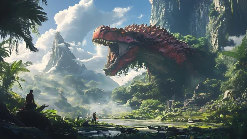 Giant red dinosaur over lush jungle valley landscape.