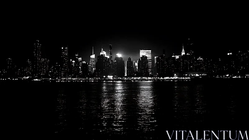 Black and white city skyline glowing across dark water.