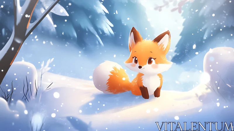 Cute orange fox rests in a dreamy snow-covered forest clearing
