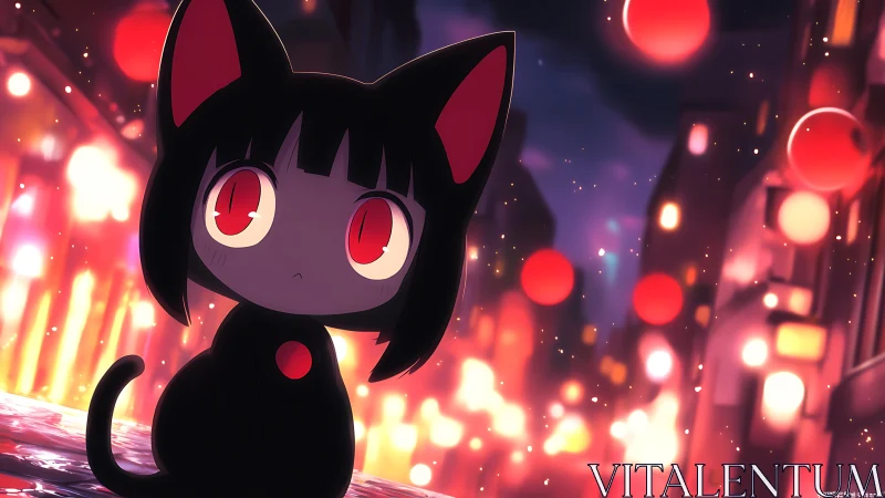 Neon-eyed black cat watches glowing lantern city night.