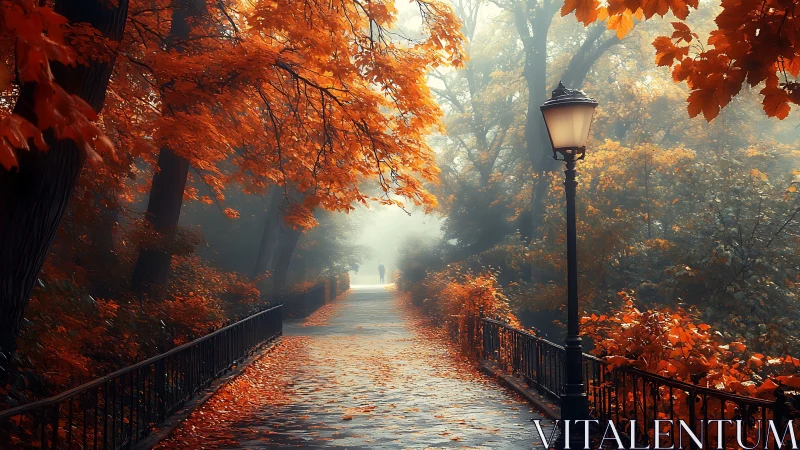 Fog-kissed autumn walkway under ember-bright trees.