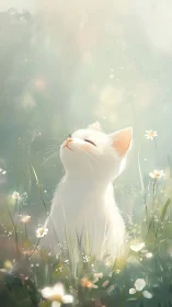 White cat basks in soft morning light among wildflowers.