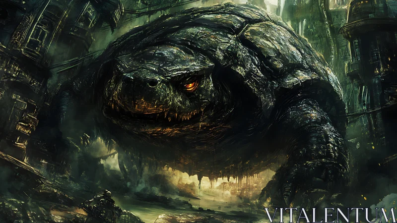 Colossal armored turtle storms decayed industrial cityscape.