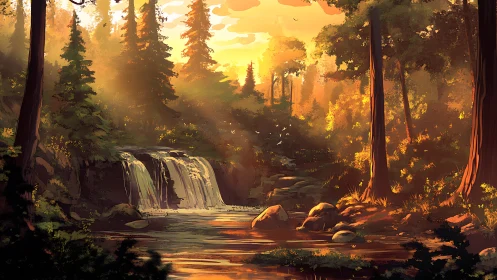 Forest Landscape with Waterfall Under Golden Sunlight and Canopy