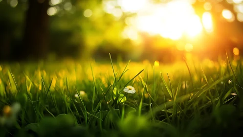 Backlit macro lawnscape with single white wildflower at sunset
