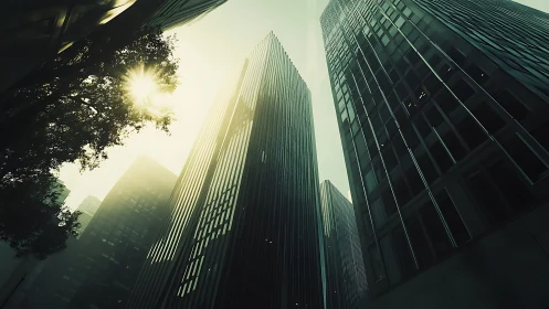 Sunlit towers rising through a hazy, dreamlike city canyon.