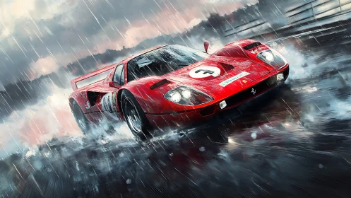 Scarlet race legend slicing storm-lit asphalt in fury.