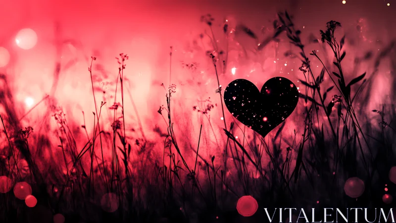Silhouette heart blooms amid crimson meadow glow.