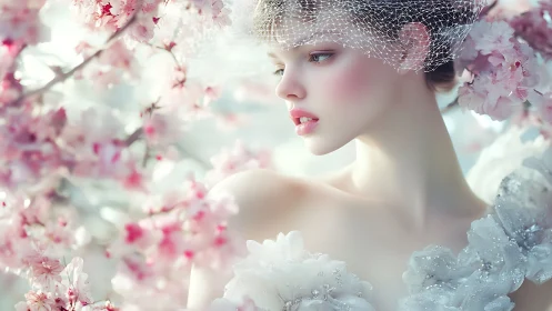 Bridal portrait amid soft pink blossoms, digital painting.