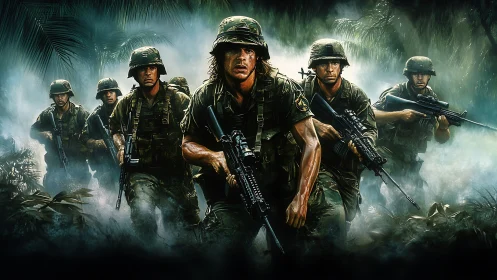 Combat squad advances through misty jungle in cinematic detail