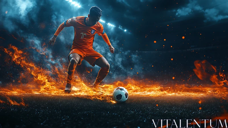 Fiery soccer forward drives ball through blazing pitch.