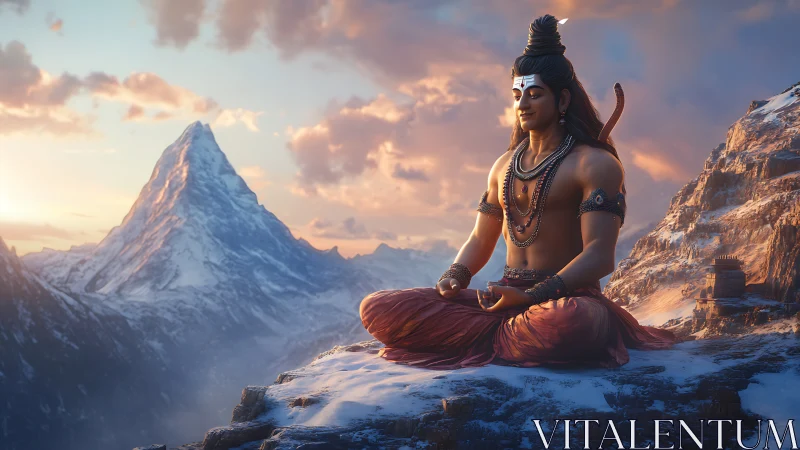 Meditating deity overlooks glowing snowy Himalayan summit at dawn