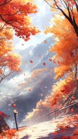 Sloped pathway passes through dense autumn foliage calmly