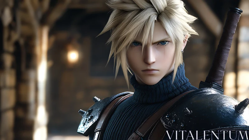 Blond armored character with sword in stone corridor setting.